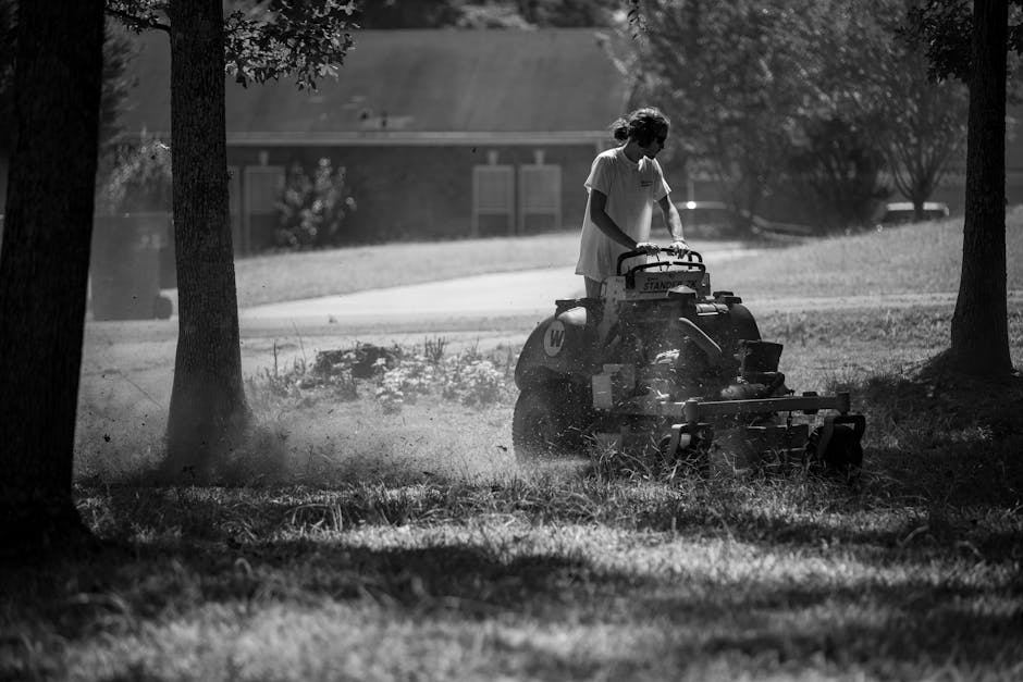 Professional pushing a lawn mower across a healthy lawn